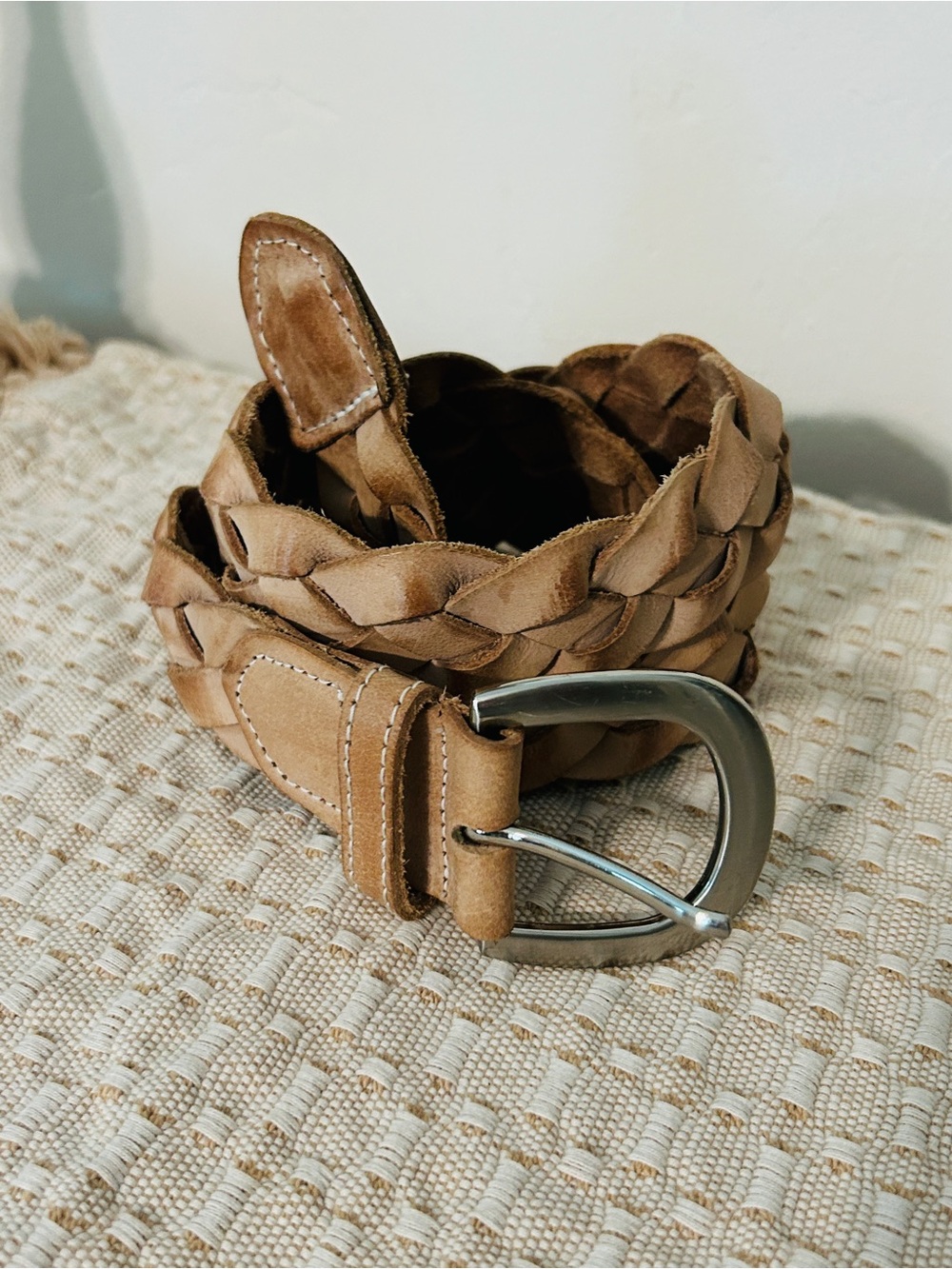 Braided Tan Leather Belt with Silver Buckle